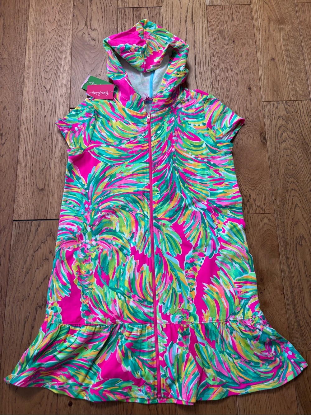 Lilly Pulitzer Girls' Hot Pink Multicolor Palm Hooded Swim Cover-Up